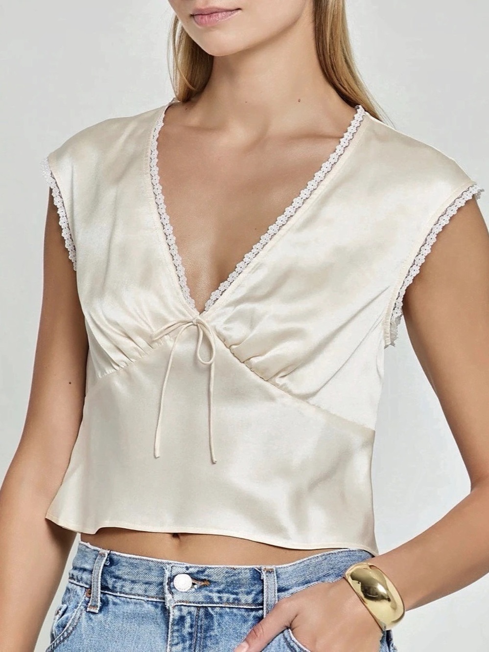 kourt Lace Trim Arida Silk Top in Cream Size 6 NWT